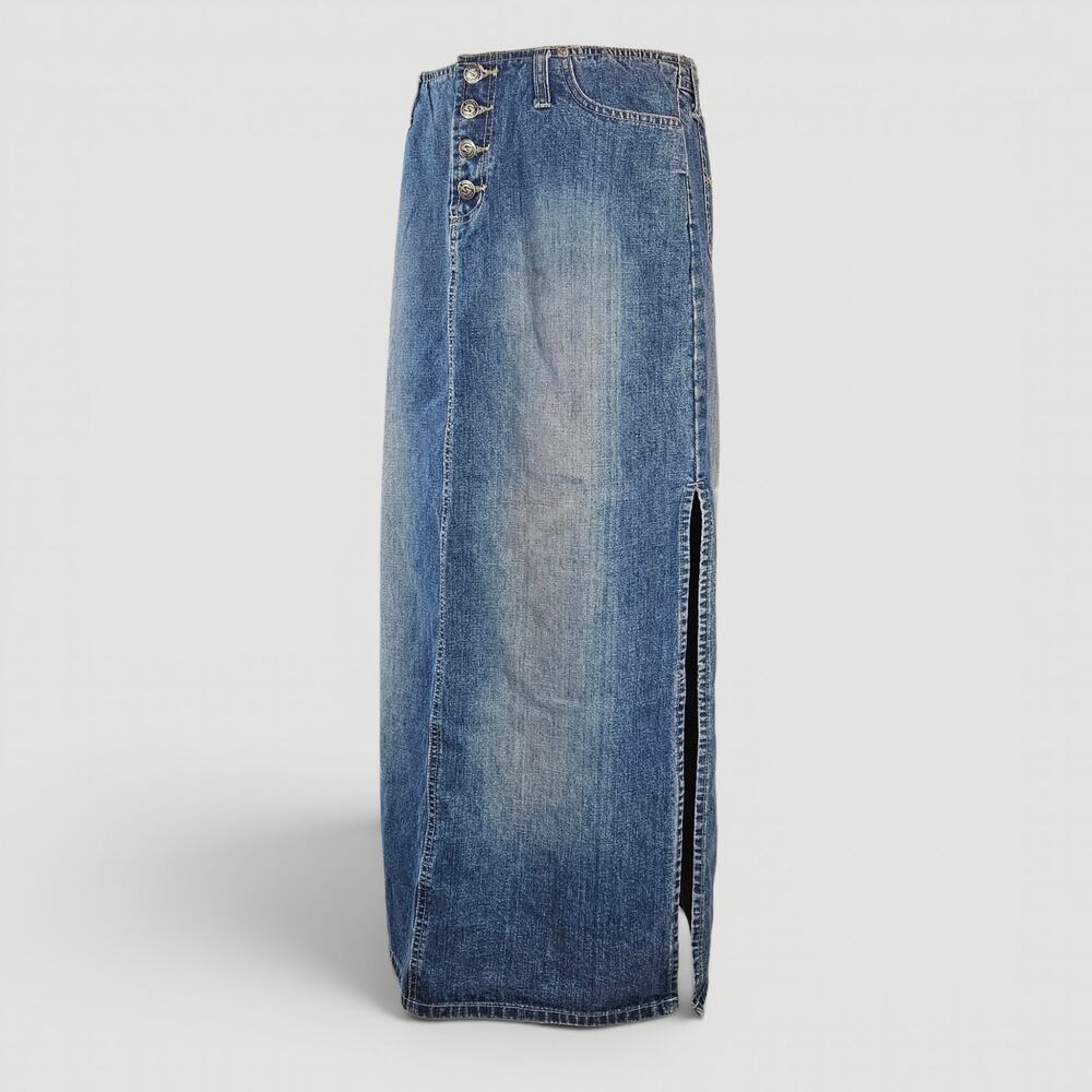 Y2k Denim Maxi Skirt Low-Rise Side Slits Squeeze - Size 9